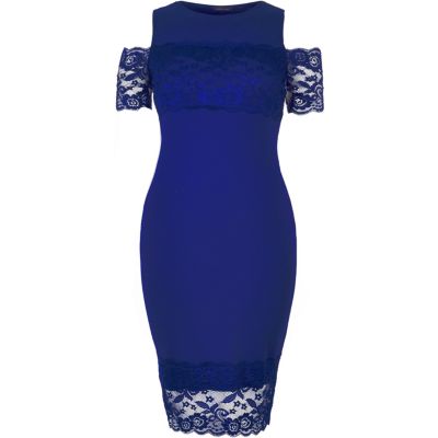 Blue lace panel bardot dress